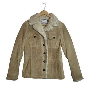 WILSONS LEATHER MAXIMA Tan Suede Jacket Sherpa Collar & Lining Size Small